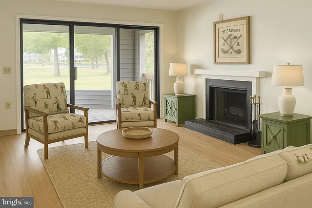 a living room with furniture a large window and a fireplace
