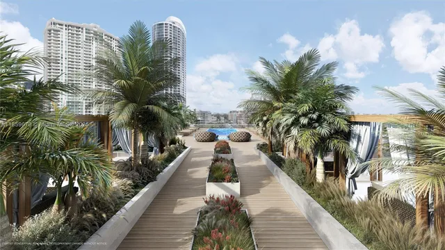 a swimming pool with outdoor seating and plants