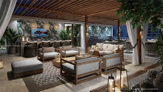 a living room with patio furniture and a large window