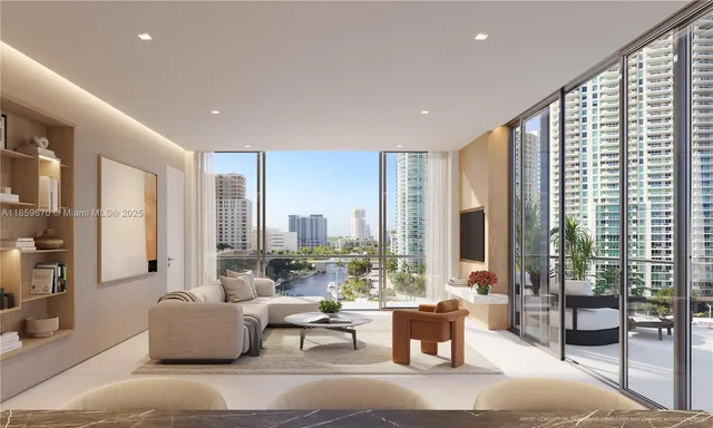 a living room with furniture and large windows