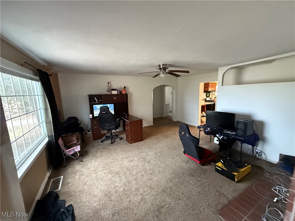 446 Warner Road Southeast Vienna, OH 44473 - Photo 20 of 32 Home office featuring ceiling fan, carpet, and a textured ceiling