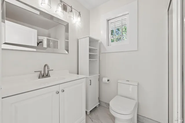 a bathroom with a sink a toilet and a mirror