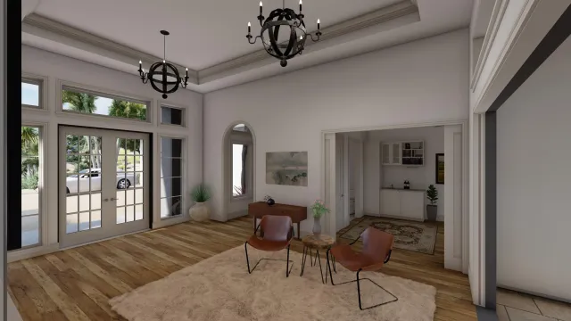 a bedroom with furniture a chandelier and window