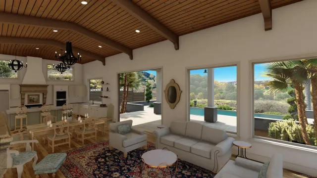 a living room with furniture and a floor to ceiling window