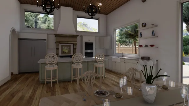 a dining room with furniture potted plants and wooden floor