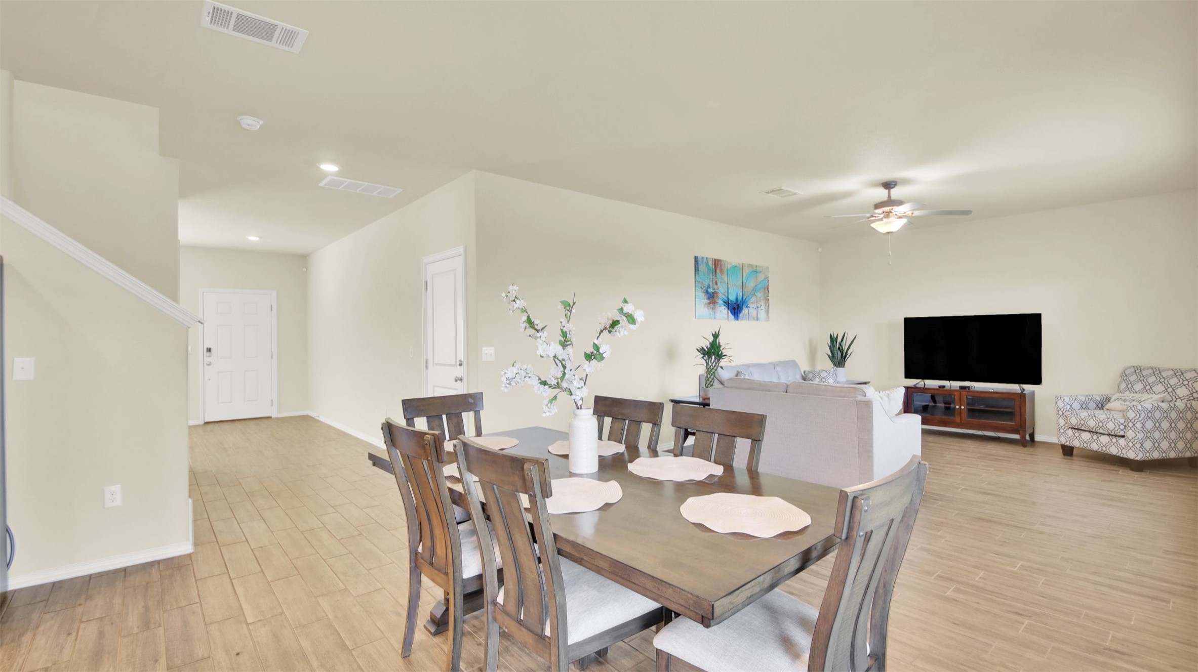 13716 Sugar Bush Path Manor, TX 78653 - Photo 15 of 37 Dining room with wood finish floors, a ceiling fan, and recessed lighting