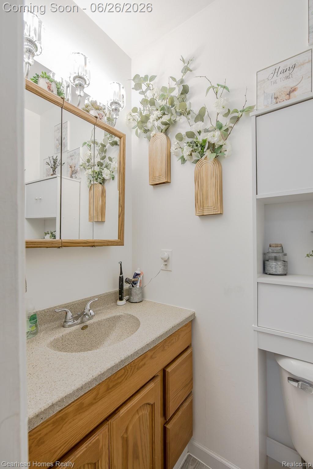 12364 Morrish Road Clio, MI 48420 - Photo 24 of 81 Bathroom vanity featuring a light-toned countertop with an integrated sink and a wood-finish cabinet with panel doors