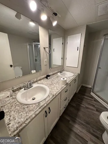 a bathroom with a granite countertop sink a toilet and a large mirror