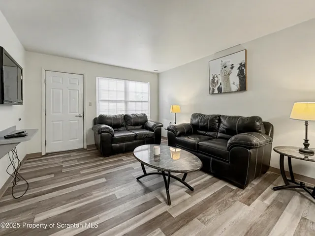 a living room with furniture a rug a window and a flat screen tv