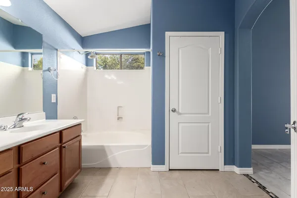 a bathroom with a tub sink and mirror