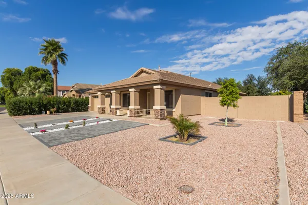 front view of a house with a patio