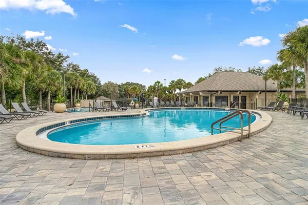 a view of a swimming pool with a yard and plants
