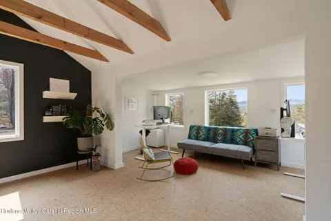 a living room with furniture and a potted plant