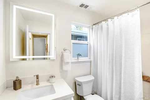 a bathroom with a sink a toilet and a mirror