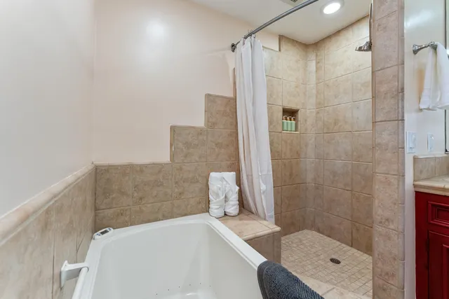a bathroom with a shower and a sink
