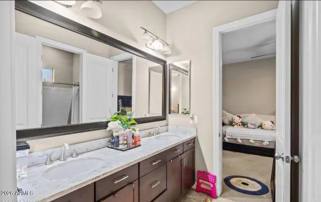 a bathroom with a sink double vanity and a mirror