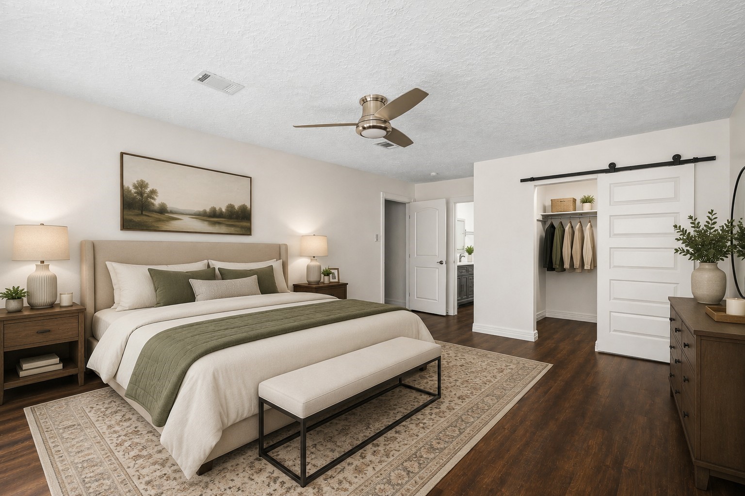 560 Landfall Lane Conroe, TX 77302 - Photo 6 of 41 Large primary bedroom suite with a walk-in closet, laminate flooring, and an en-suite bathroom.