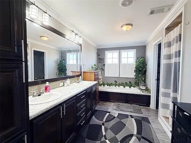 a bathroom with a double vanity sink mirror and bathtub