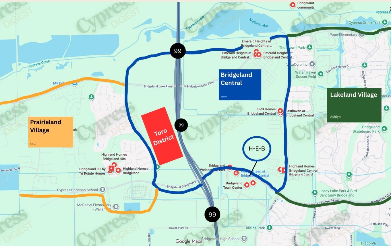 15015 House Road Cypress, TX 77433 - Photo 7 of 50 Where is the Toro District Being Built?
Toro District is being built on the edge of Bridgeland Central and Prairieland village. If you take a look at the map above, you will see that it’s tucked between Peek Road and the Grand Parkway 99 Toll Road.