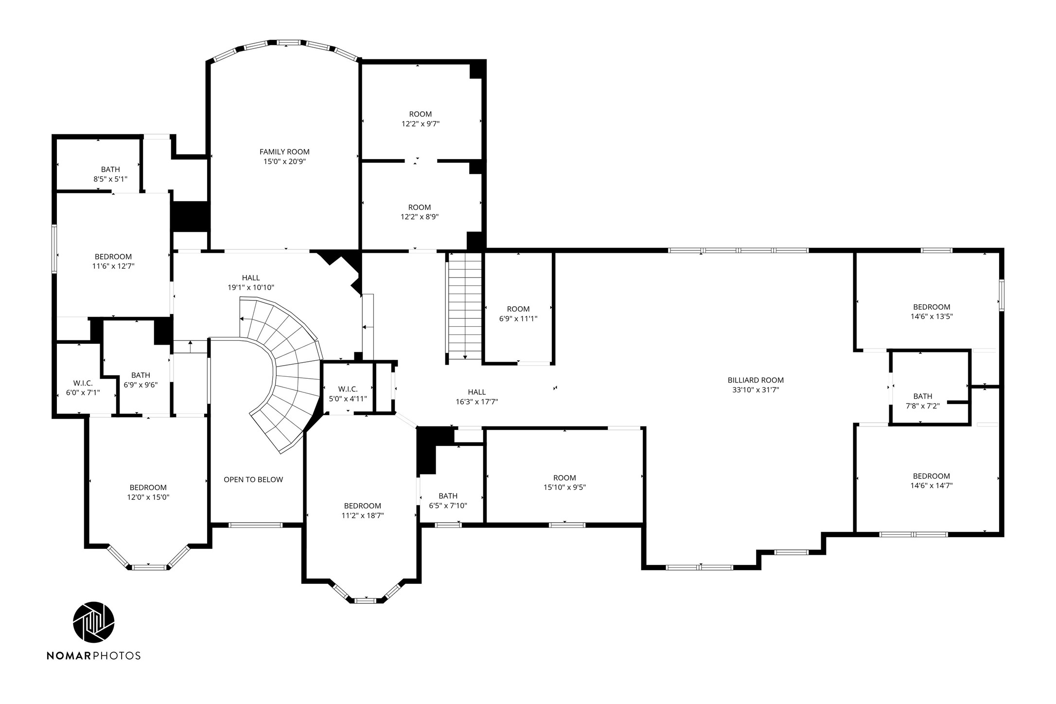 15015 House Road Cypress, TX 77433 - Photo 49 of 50 This floor plan features a spacious layout with a large family room, a billiard room, and multiple bedrooms, each with attached baths. There are two walk-in closets, an open area below the staircase, and a mix of hallways connecting the spaces, offering a blend of privacy and openness.