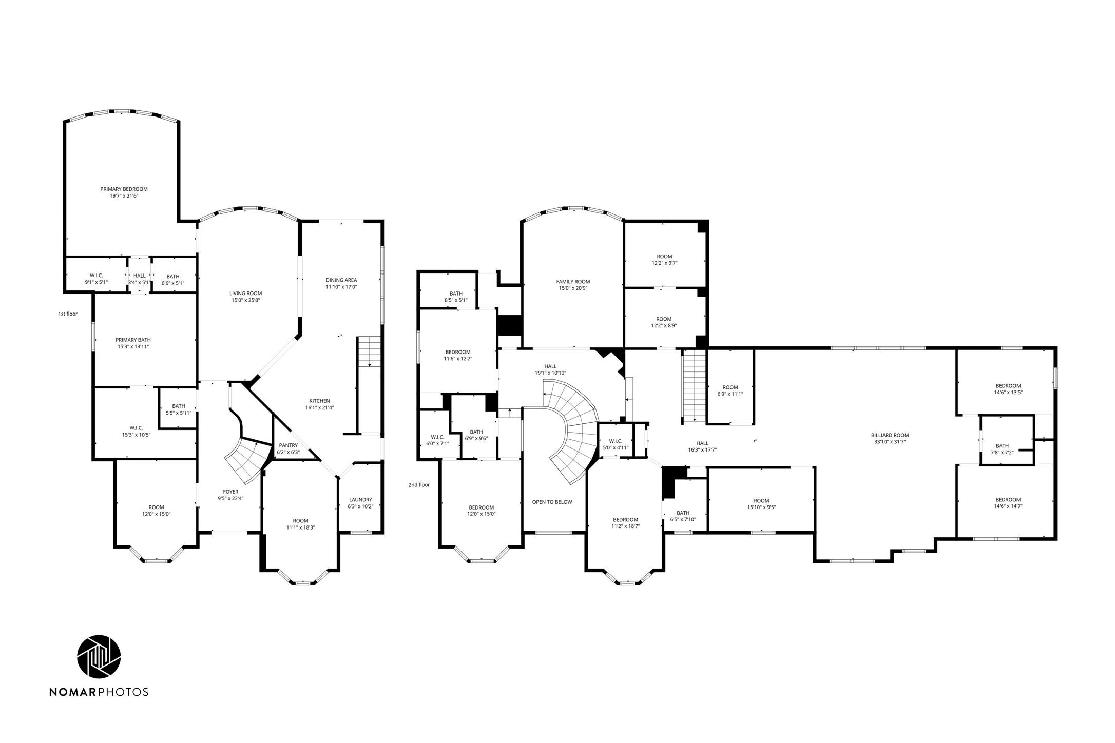 15015 House Road Cypress, TX 77433 - Photo 50 of 50 This floor plan features a spacious layout with a primary bedroom and bath, multiple bedrooms and baths, a large living room, dining area, and kitchen. Additional amenities include a billiard room, family room, laundry, and multiple walk-in closets. The design includes both first and second floors, offering ample space for comfortable living.