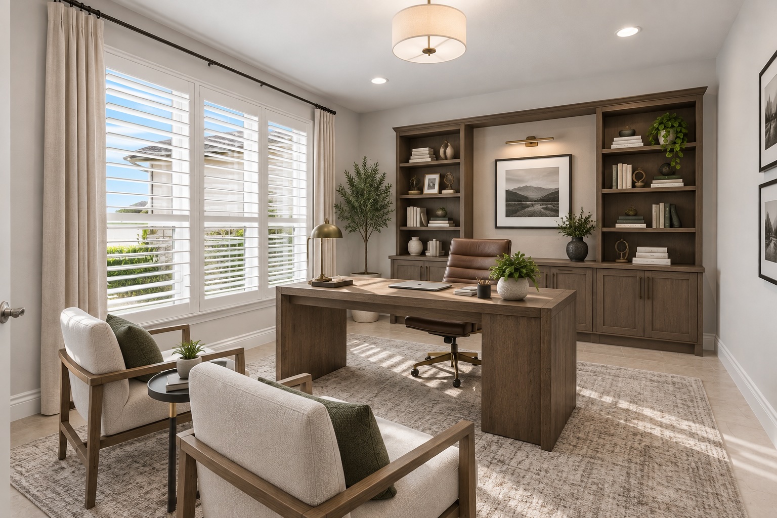 955 Inka Road Salado, TX 76571 - Photo 6 of 39 A handsome home office showcases substantial built-in shelving and broad plantation-shuttered windows. Virtually Staged