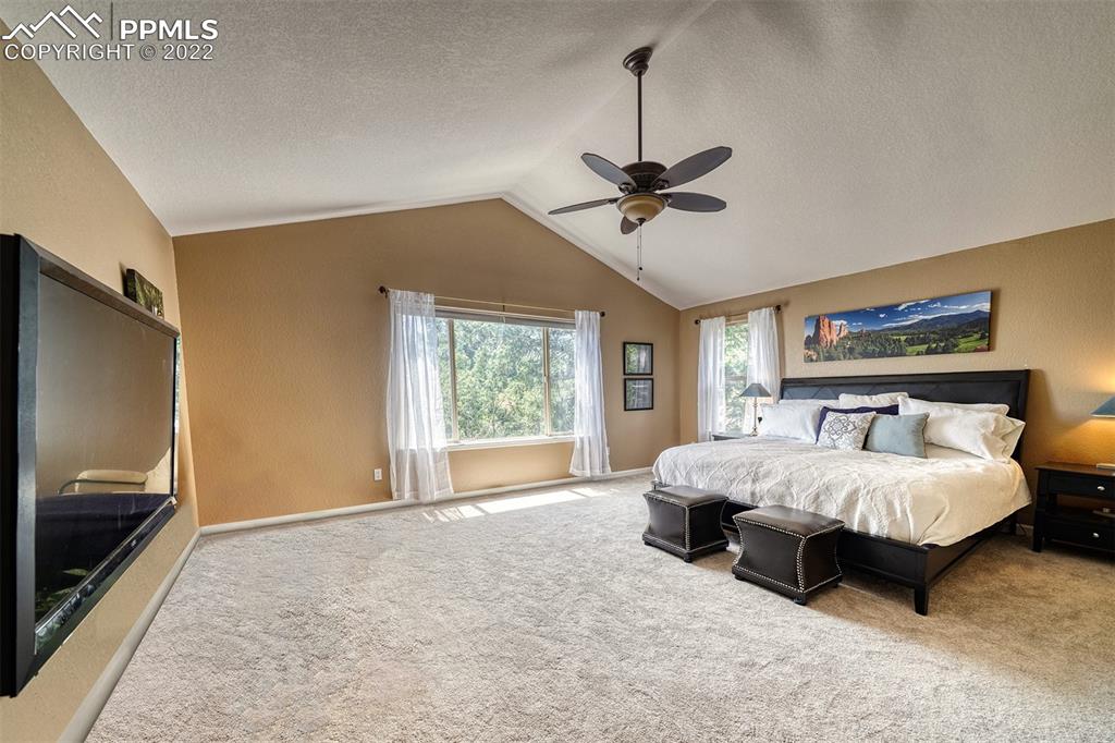 6205 Colfax Terrace Colorado Springs, CO 80906 - Photo 16 of 43 a spacious bedroom with a bed and a chandelier