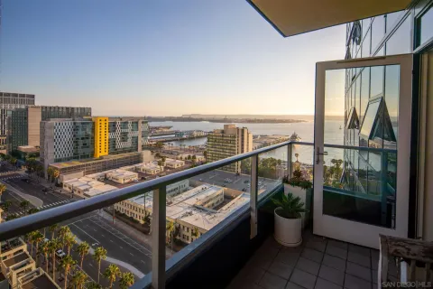 a view of a balcony with city view
