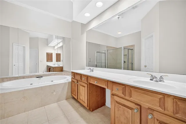 a bathroom with a tub a sink double vanity and mirror
