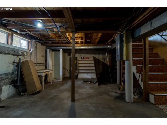a view of a storage room with stairs