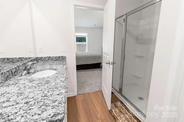 a bathroom with a shower and a sink