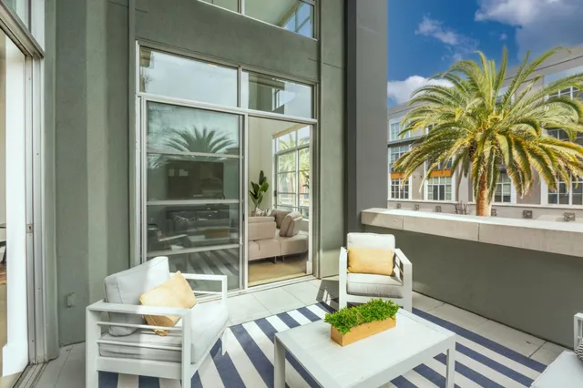 a living room with a table and a potted plant