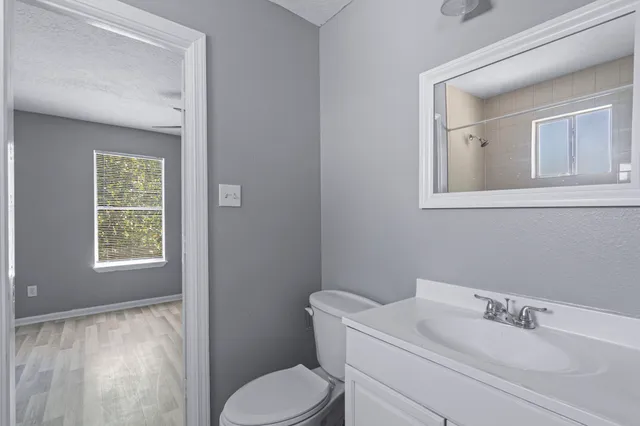 a bathroom with a toilet sink vanity and mirror