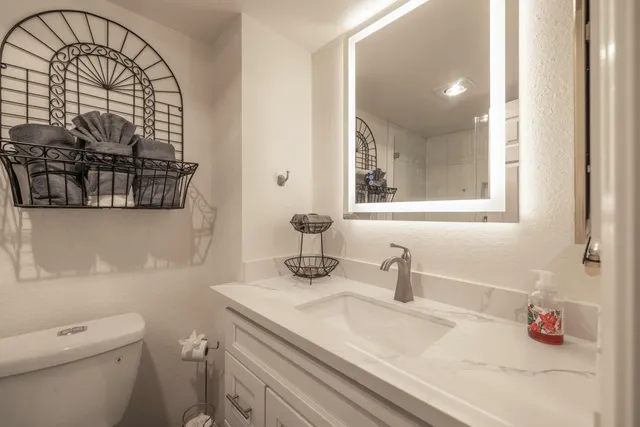 a bathroom with a sink toilet and a mirror