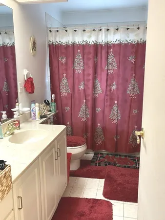 a bathroom with a sink a toilet and shower curtain
