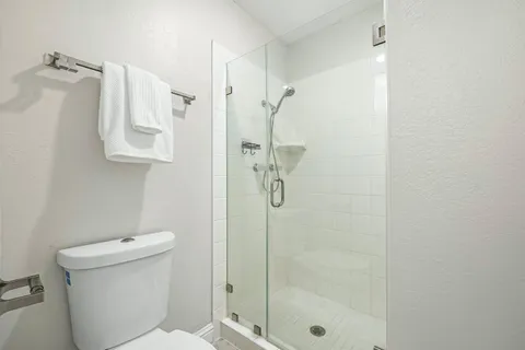 a bathroom with a shower and toilet