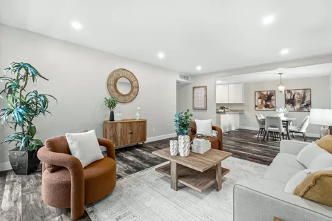 a living room with furniture kitchen view and a potted plant