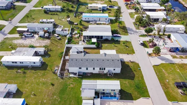 an aerial view of a swimming pool