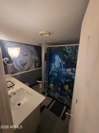 a bathroom with a sink and a mirror