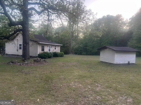 a backyard of a house with plants and large tree