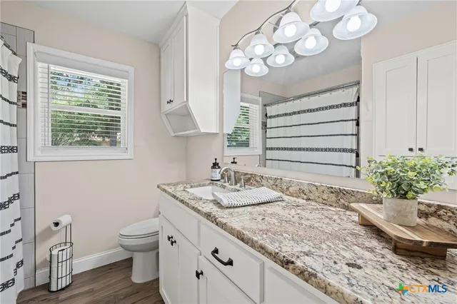 a bathroom with a granite countertop sink a toilet and mirror