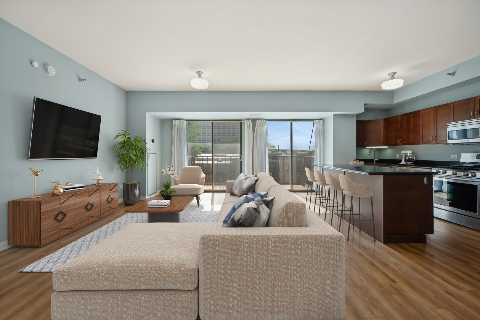 4848 North Sheridan Road, Unit 403 Chicago, IL 60640 - Photo 2 of 21 a living room with furniture and a flat screen tv