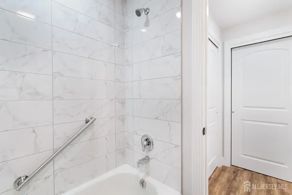 a bathroom with a bathtub and a shower