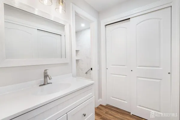 a bathroom with a sink a mirror and shower