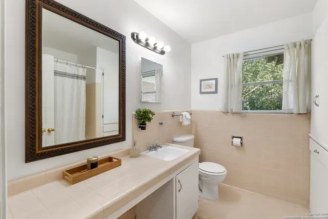 a bathroom with a sink a toilet and a mirror