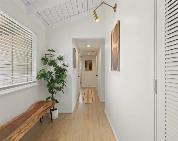 a hallway with a potted plant and a window