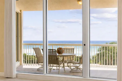 a view of a balcony from a door