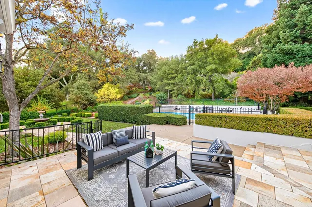 an outdoor view with patio