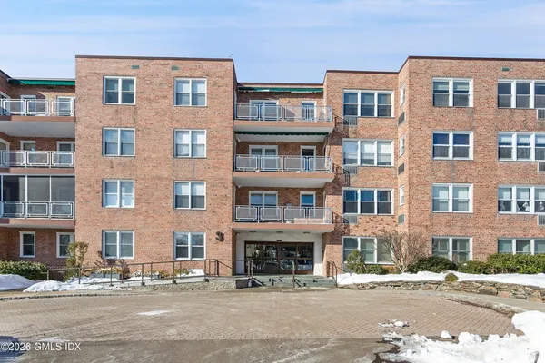 a front view of a multi story building