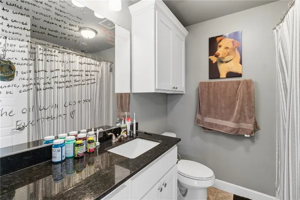 a bathroom with a granite countertop sink a toilet and shower curtain